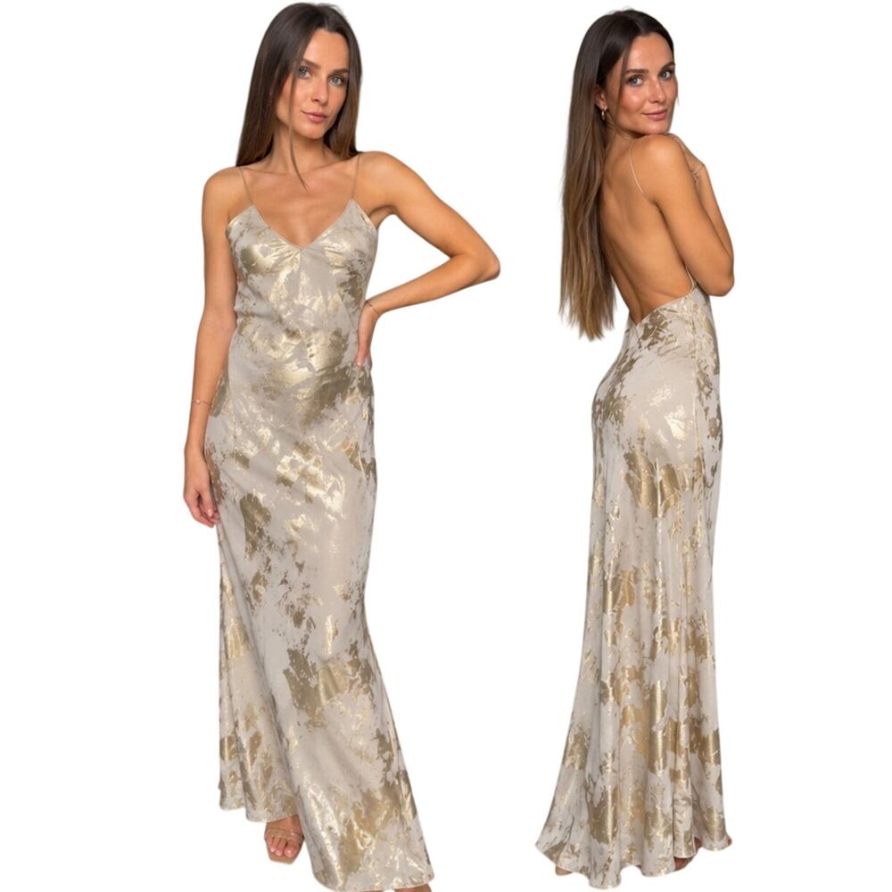 ZARA Gold Foil Print Slip Maxi Dress Open Back NWT S